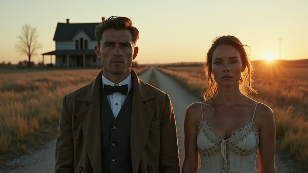 Stoic American Gothic Couple in Cinematic Setting