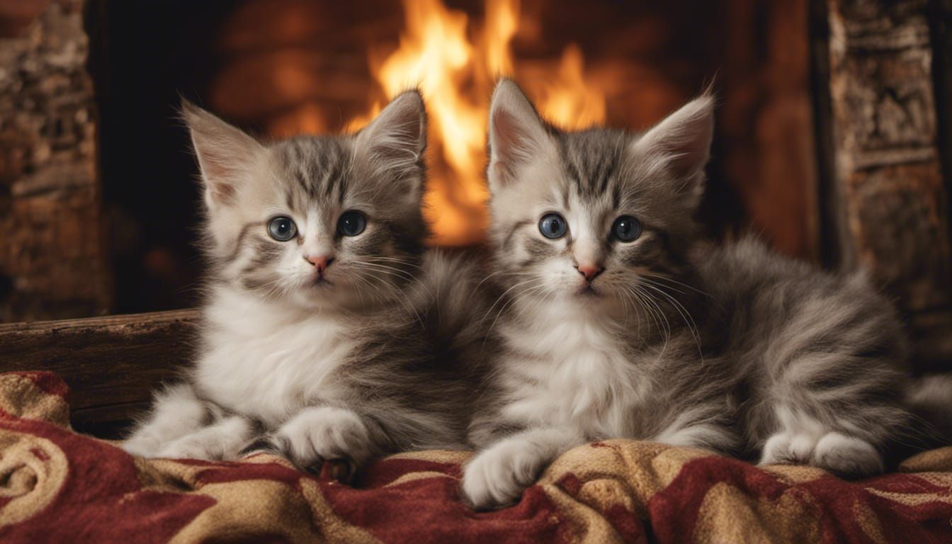 kittens on a bed by a fireplace