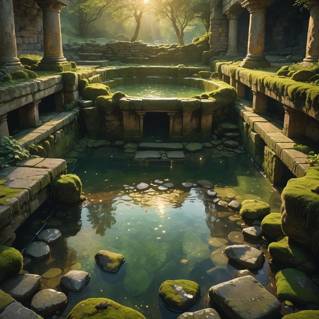 Ethereal Roman Bath Concept Art in Oil Painting Style
