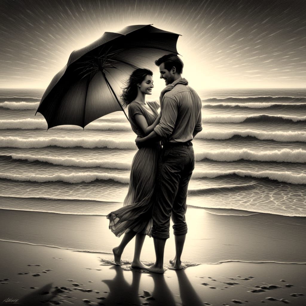 Romantic Beach Embrace in Pencil and Charcoal Style