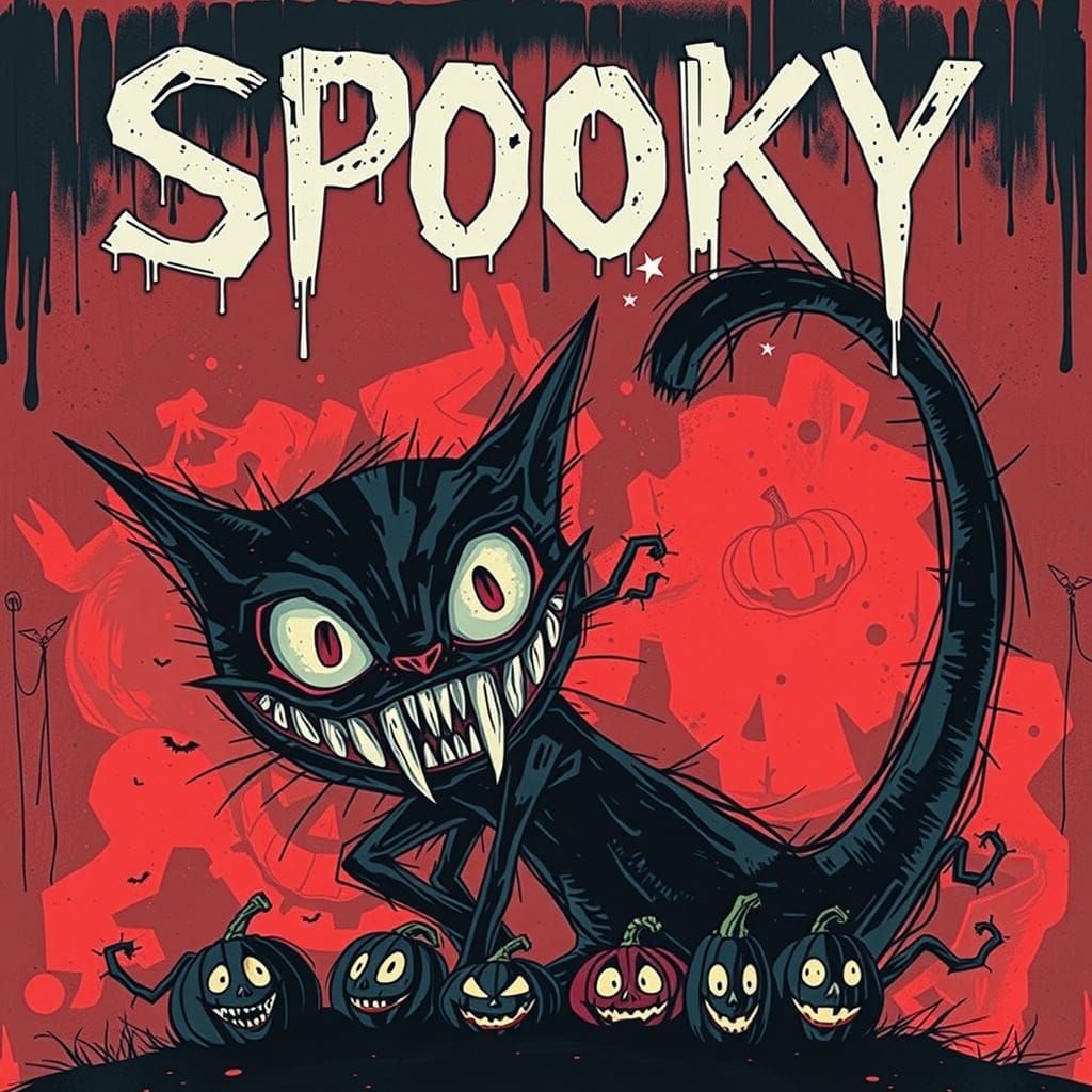 A large, tall, wide top and bottom  border with pumpkins inside. A dark, gritty mixed-media poster featuring bold, expre...