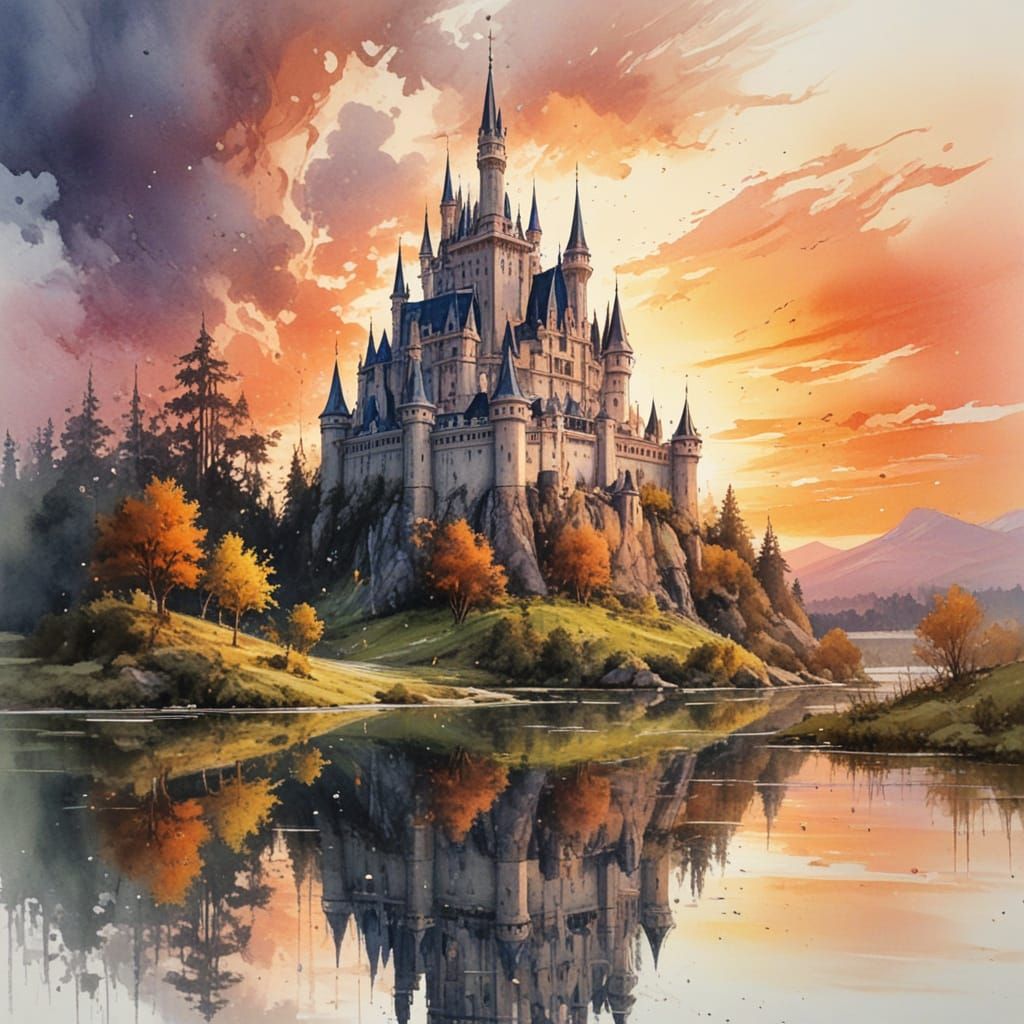 Fairytale Castle at Sunset, Watercolour Blend