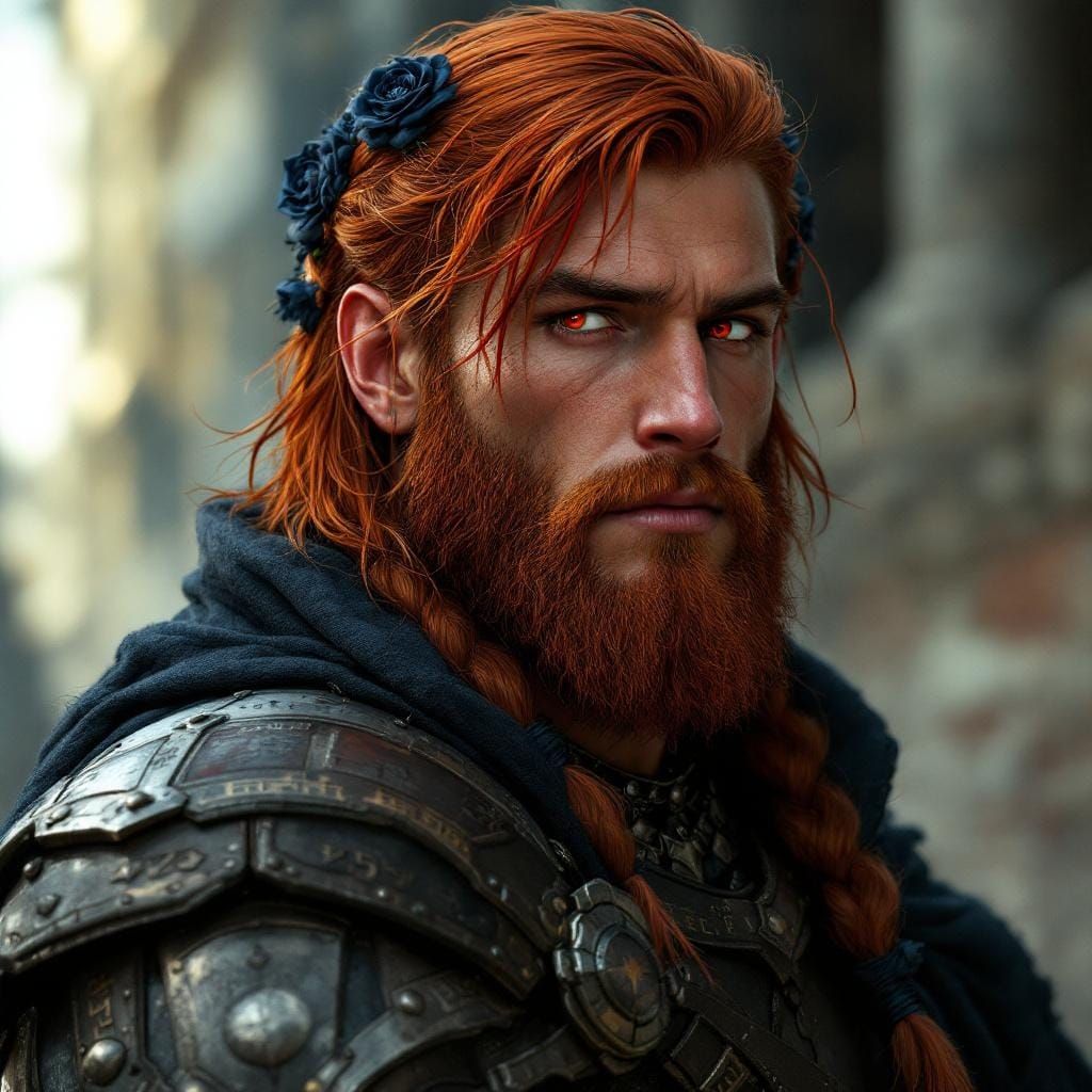 Fantasy Warrior with Braided Roses, in Digital Art Style