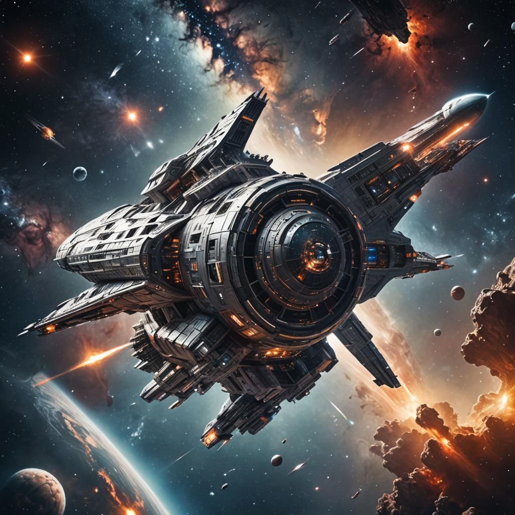 Spaceship Exploring Galaxy in Hyperrealistic Detail