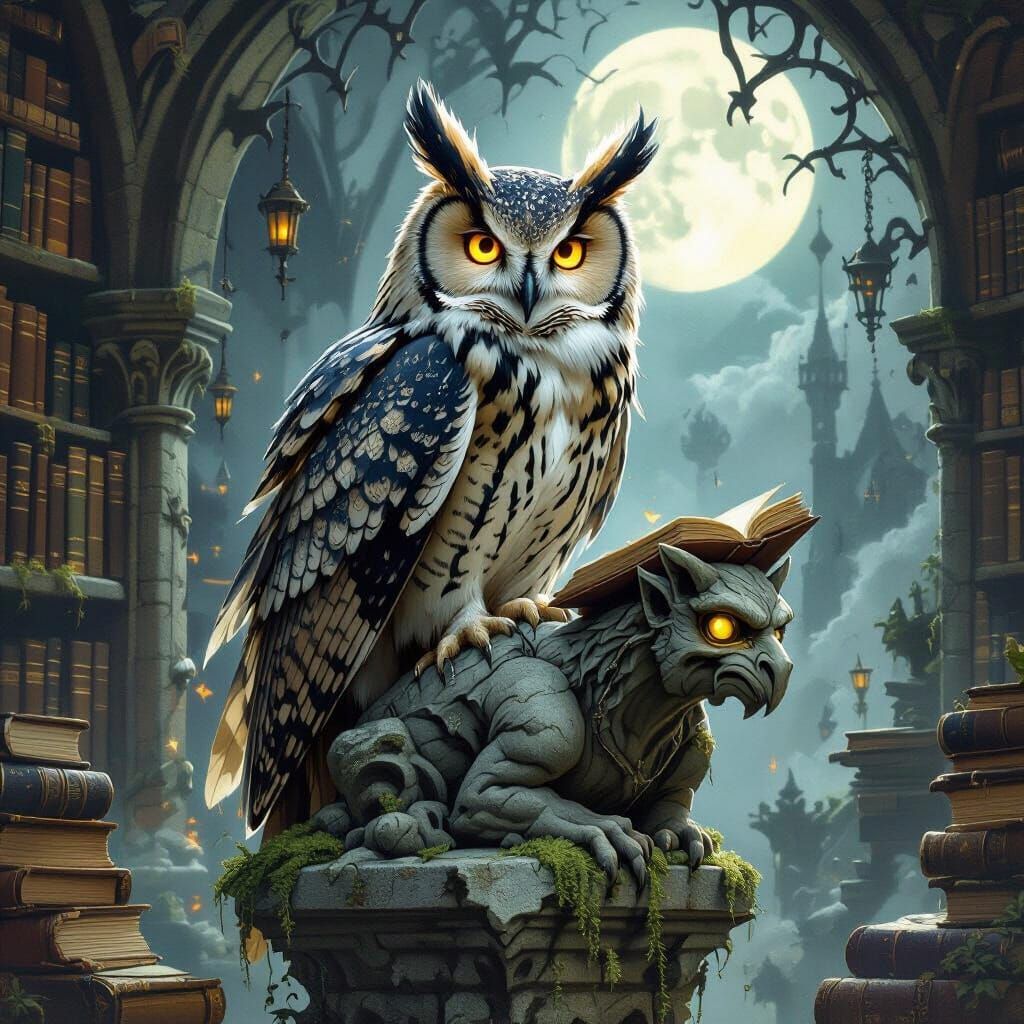 Mystical Owl Guarding Ancient Library in Dark Fantasy Style