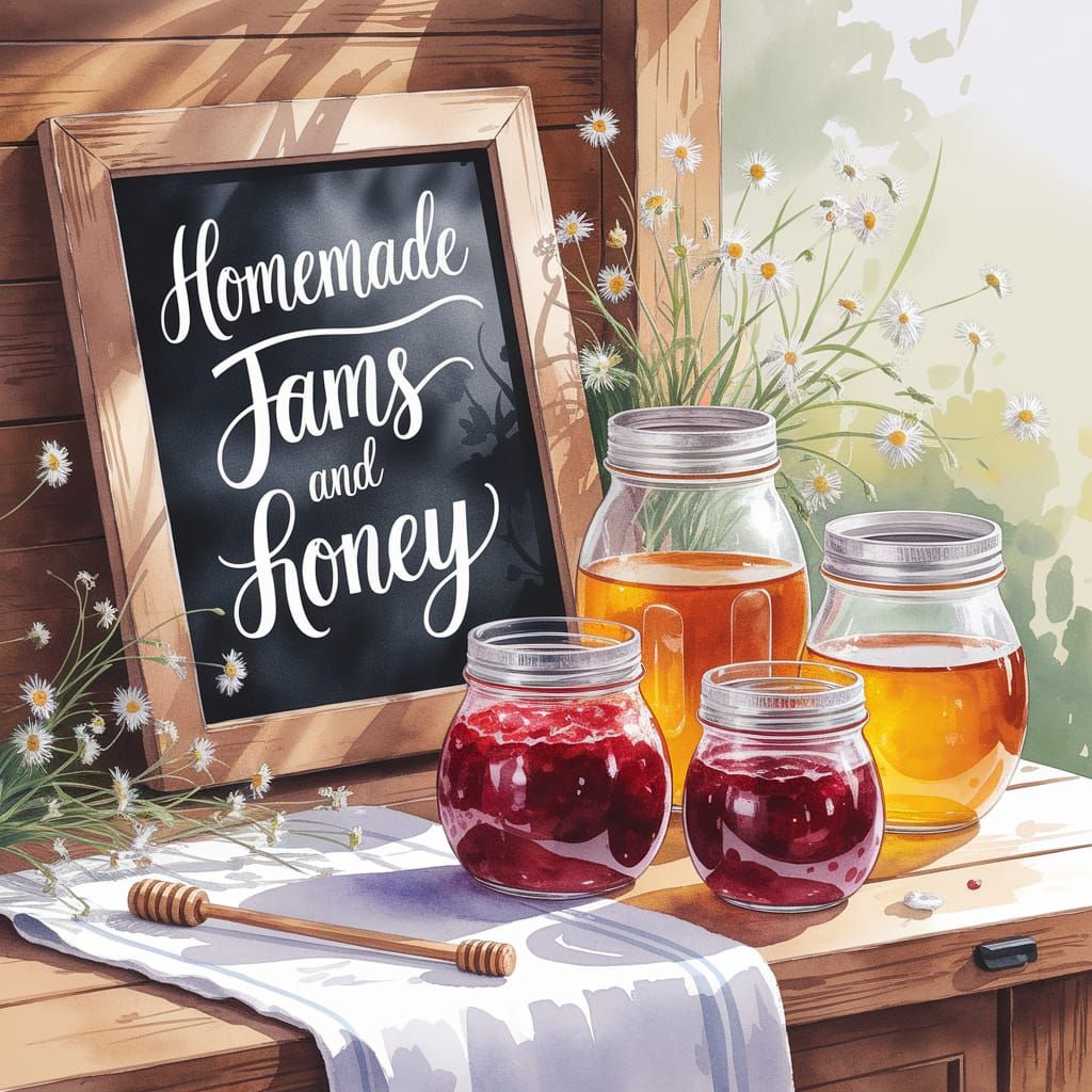 Watercolor Chalkboard Menu with Jams and Honey