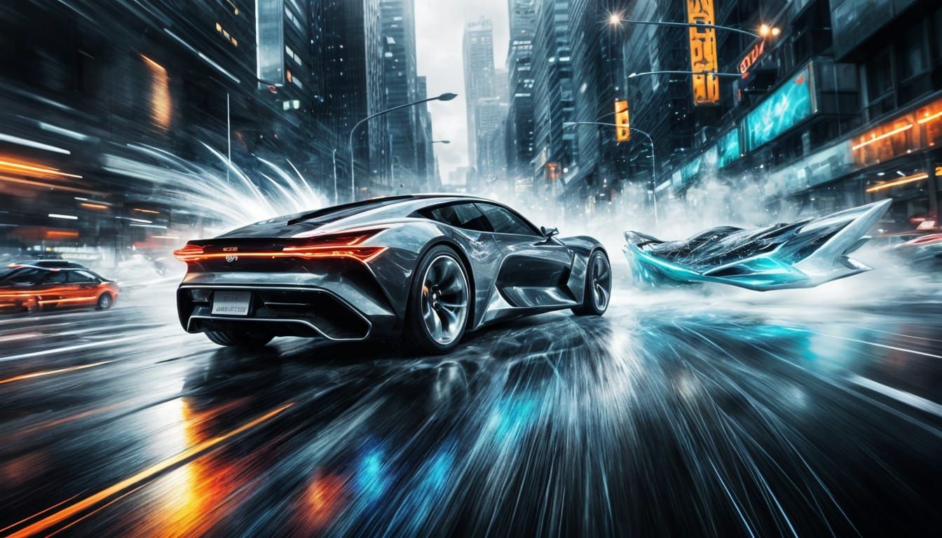 Futuristic Car Chase in Cityscape, Digital Painting