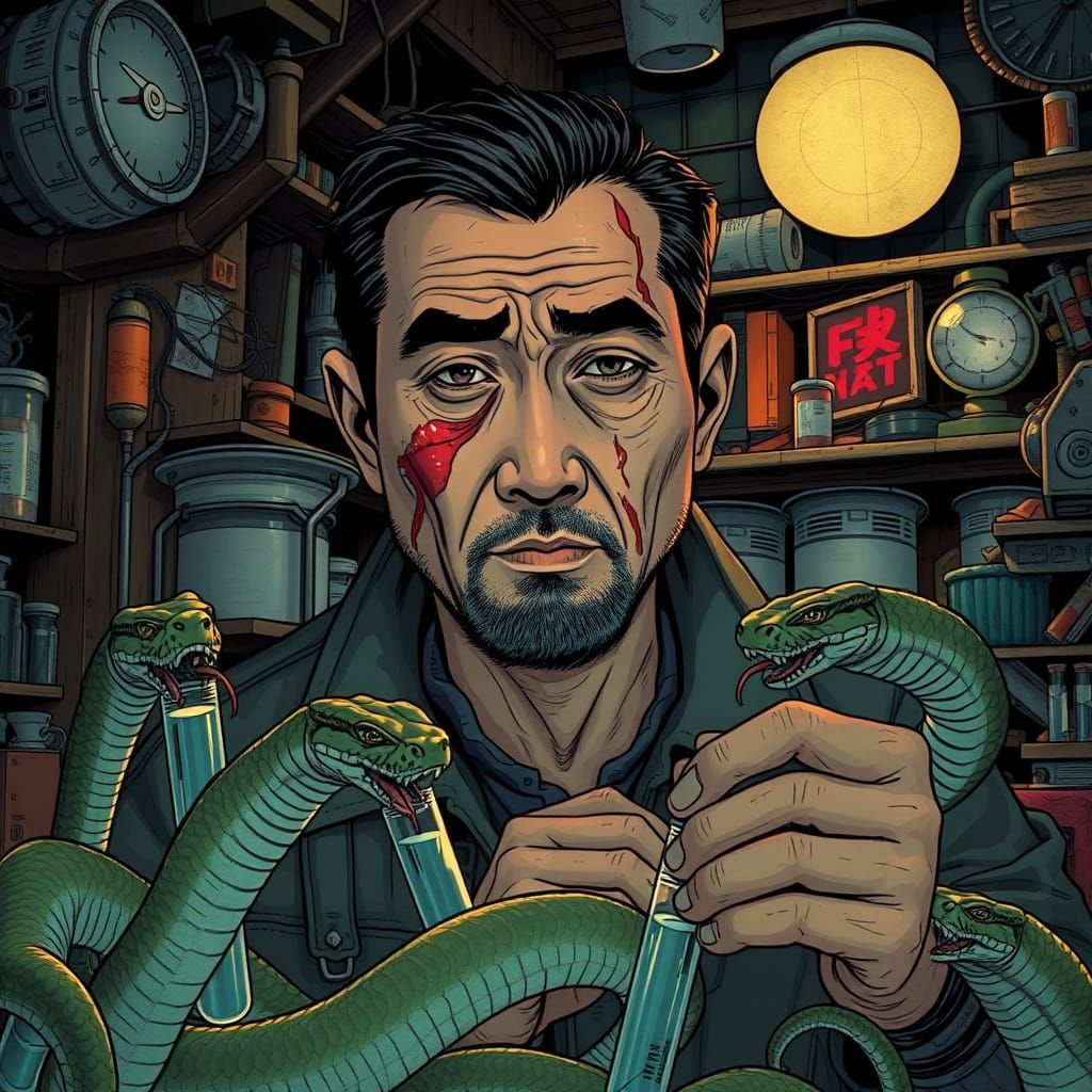 Weary Man in Cluttered Storefront, Film Noir Aesthetic