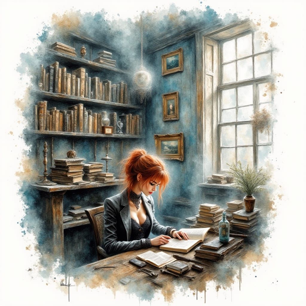 Ethereal Red Haired Woman in a Haunting Library Setting