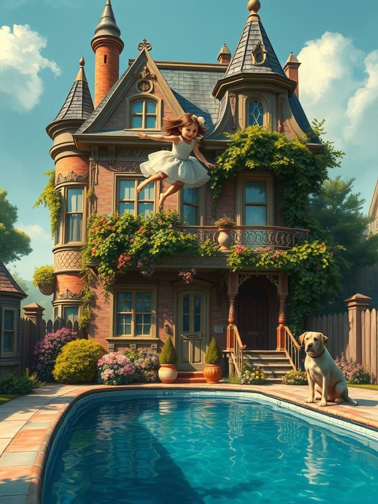Whimsical Victorian Girl Leaps into Dreamlike Neighborhood