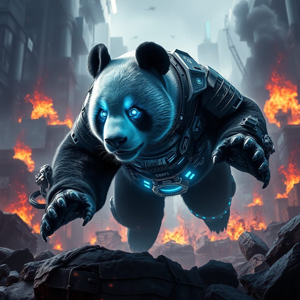 Cyberpunk Panda Mid-Pounce Digital Art