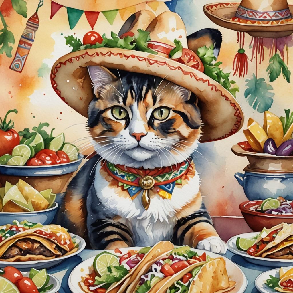 Daily Challenge: Delicious Mexican Cuisine - Calico cat wearing a sombrero enjoying a taco