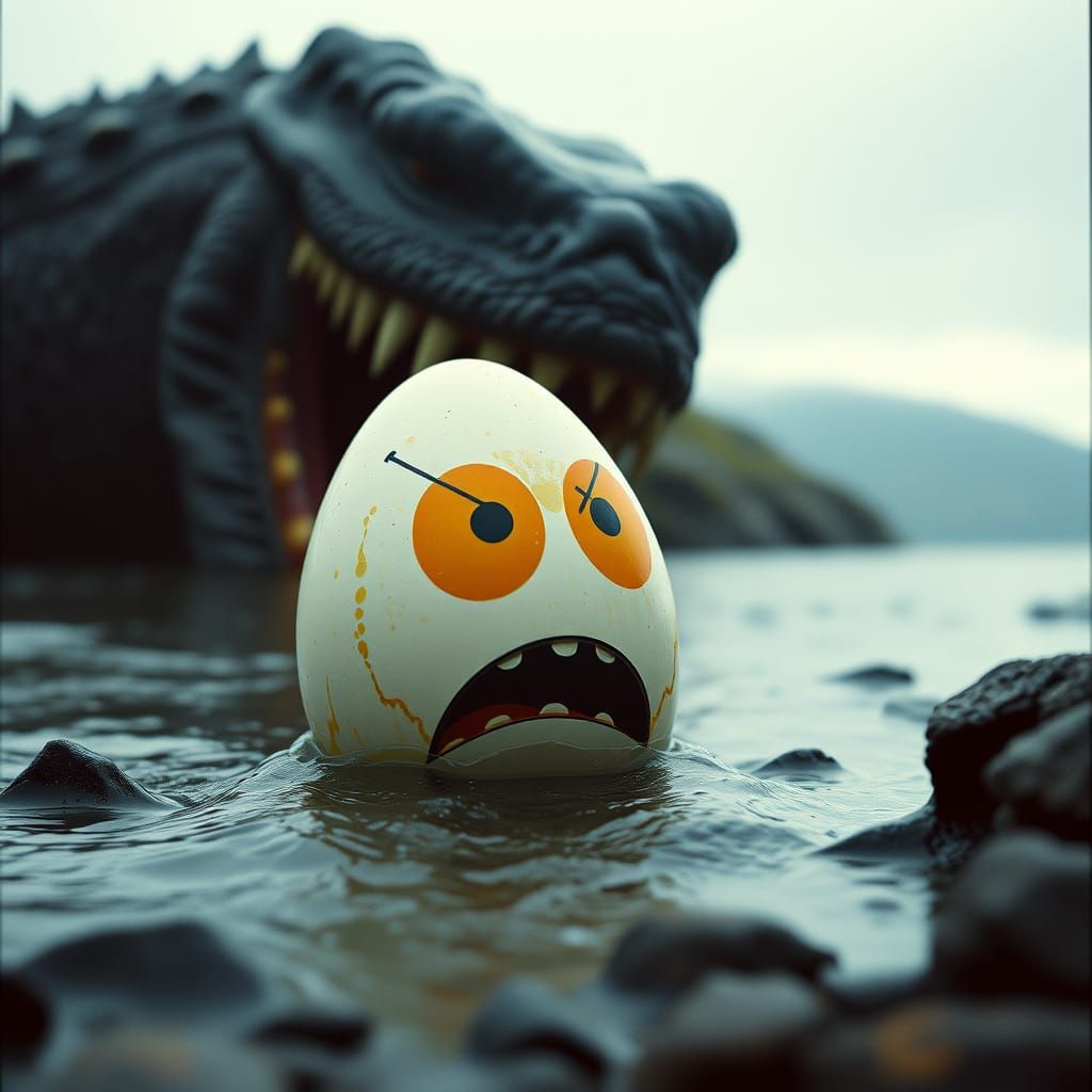 Angry Egg Meets Loch Ness Monster: Film Still