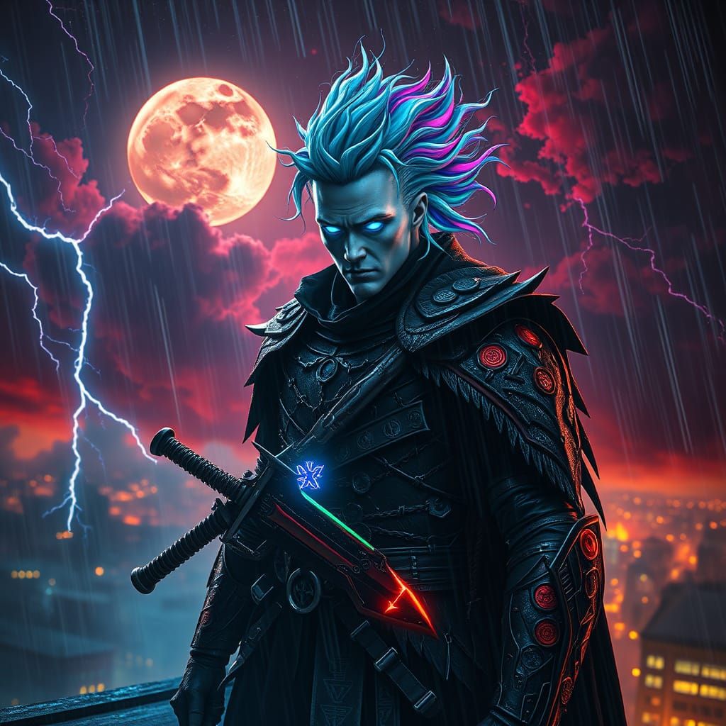 Cosmic Warrior Portrait in Surreal Storm