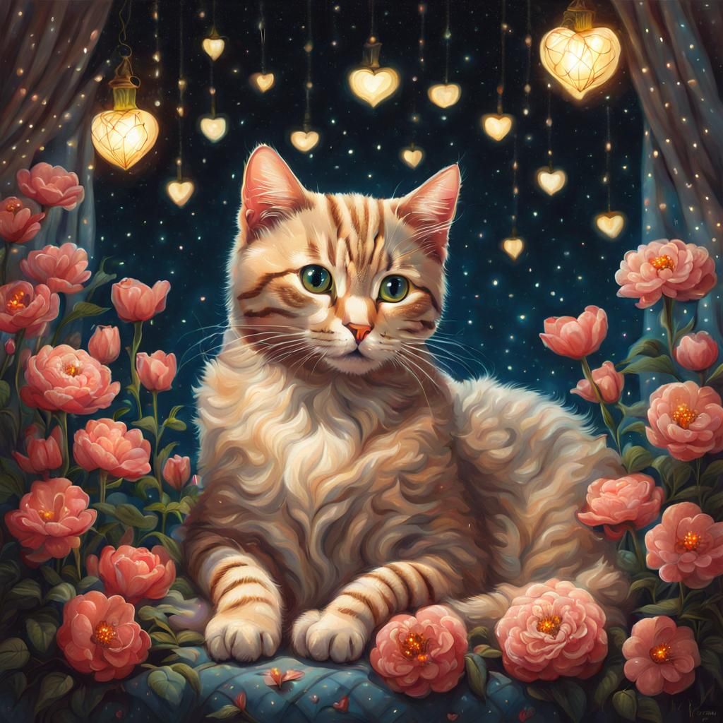 Cute Cat Surrounded by Flowers in Surreal Style