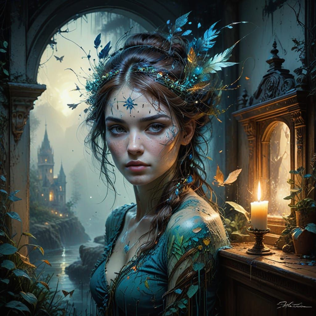 Ethereal Phoenix on Temple, Watercolor Fantasy