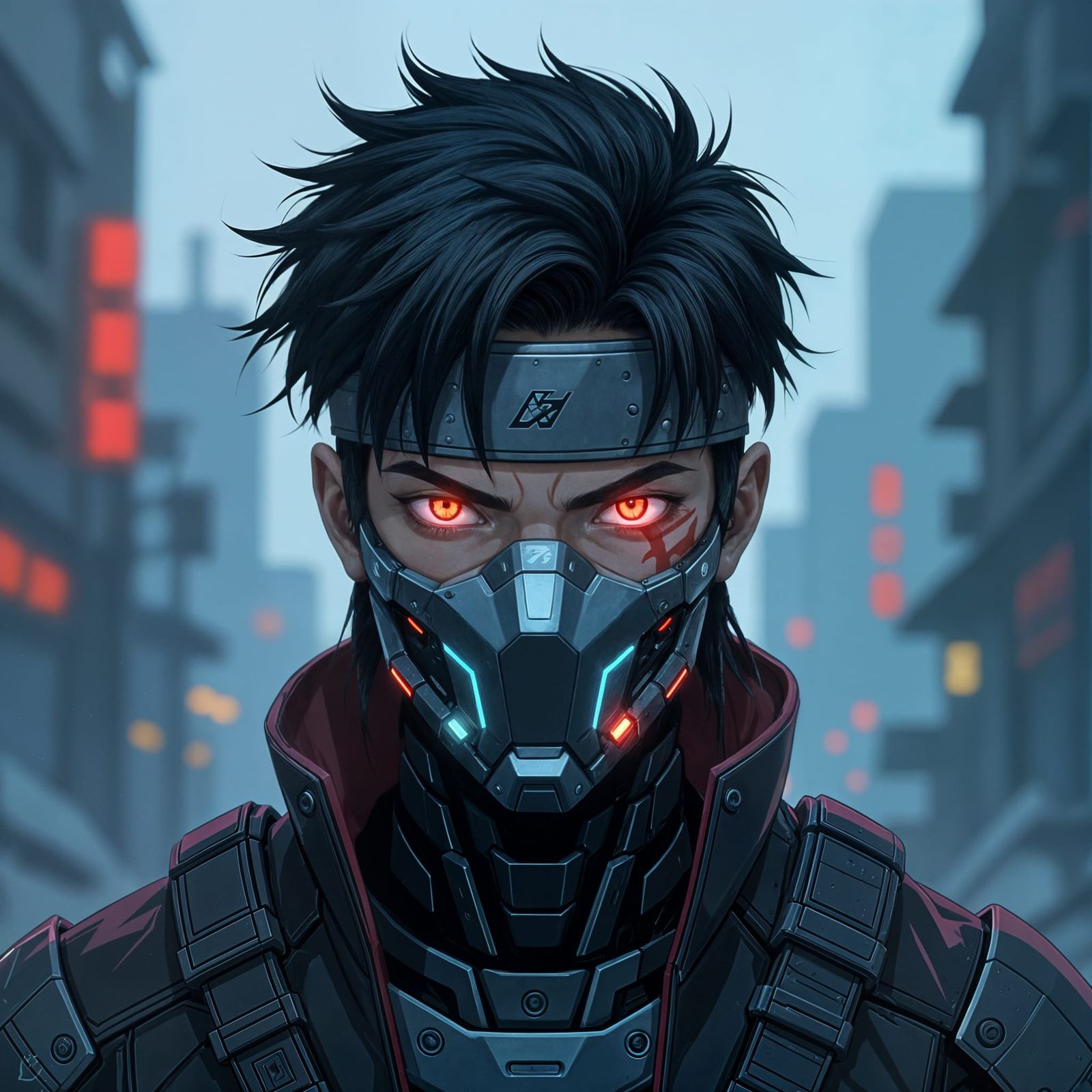 Cyborg Ninja Anime Portrait in Dystopian Cityscape
