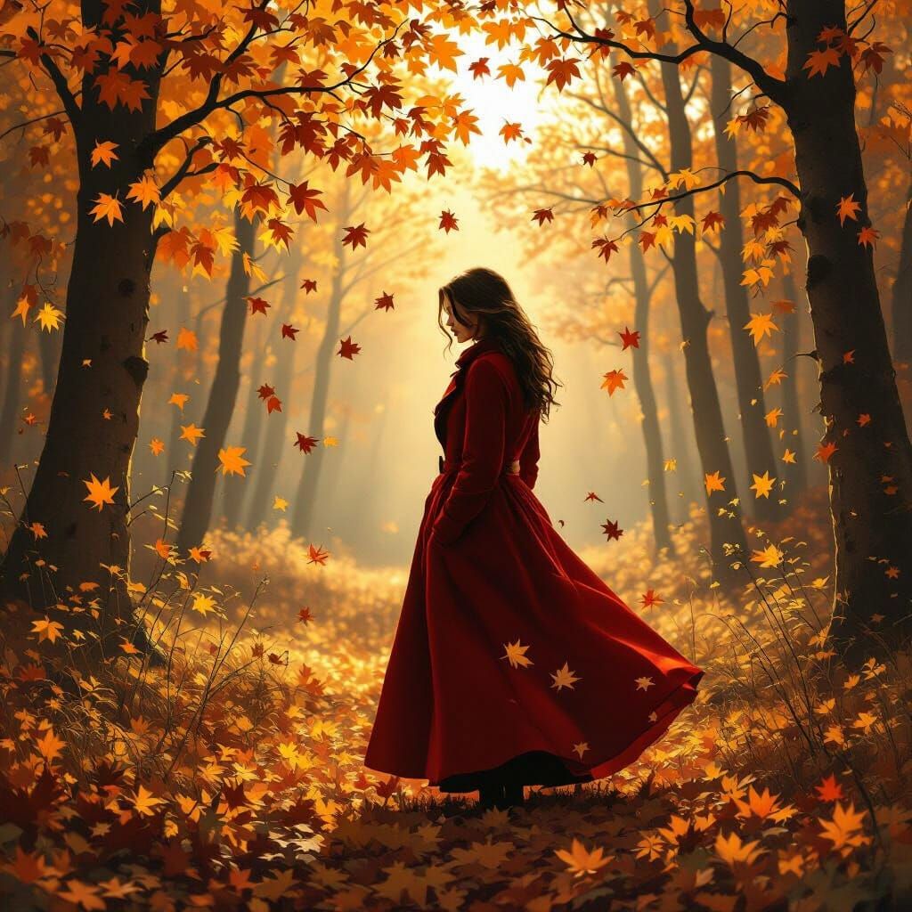 Melancholic Woman in Autumn Forest