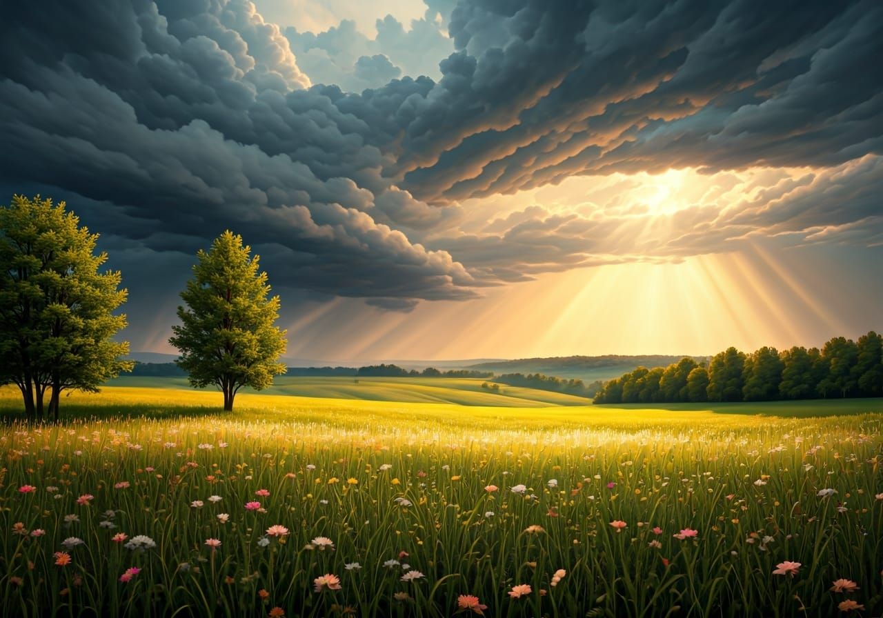 Stormy Meadows: Golden Light and Ominous Clouds