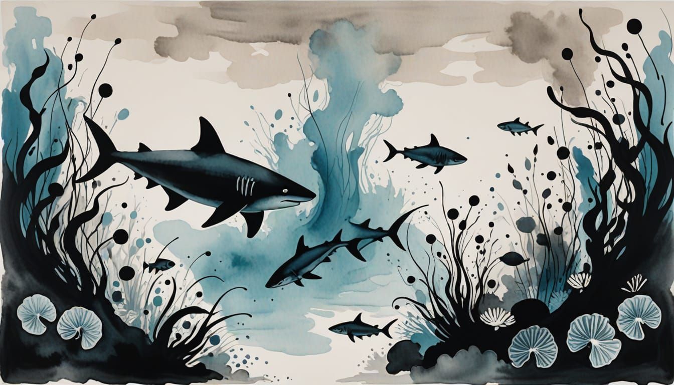 Ethereal Aquarium Scene in Minimalist Ink Wash Style