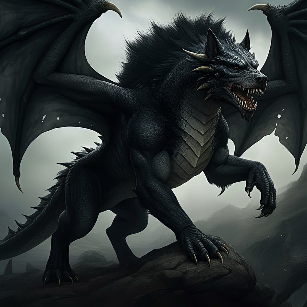 A vicious black dragon, full body shot, with wings, furred a...