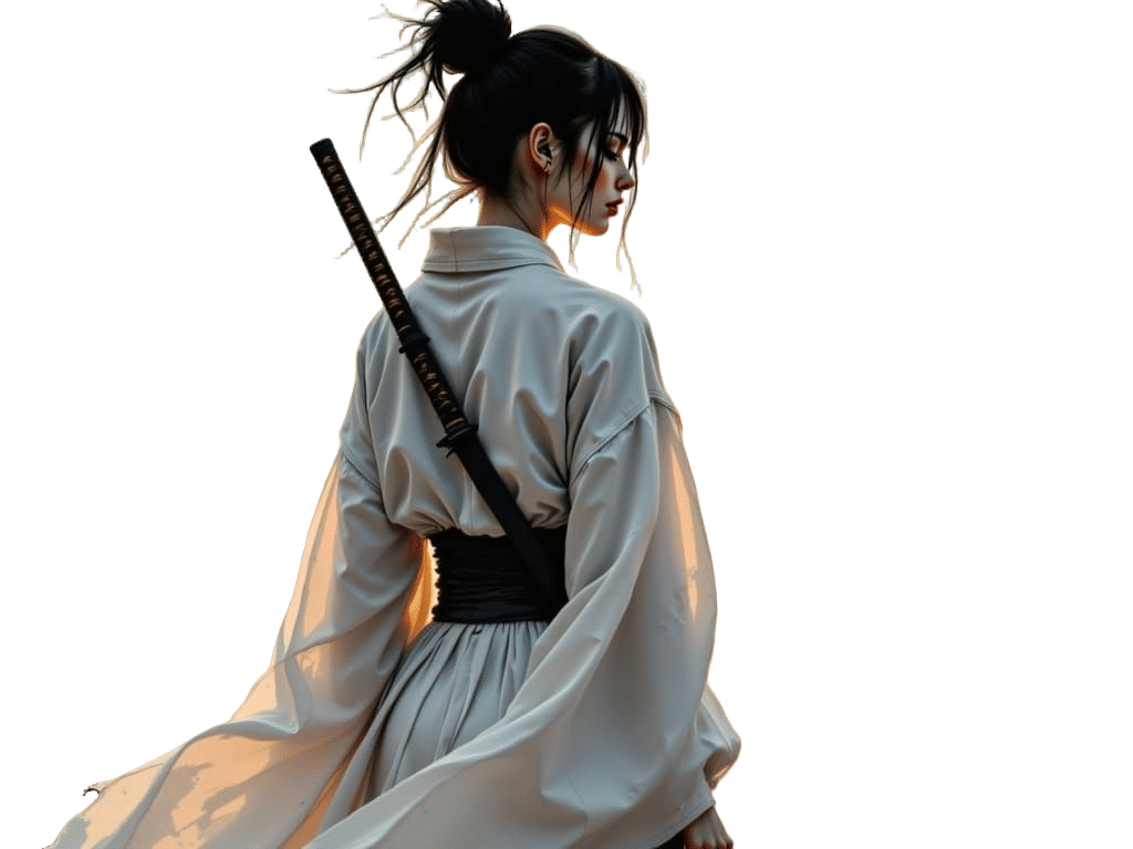 Samurai Woman in White Kimono at Sunset