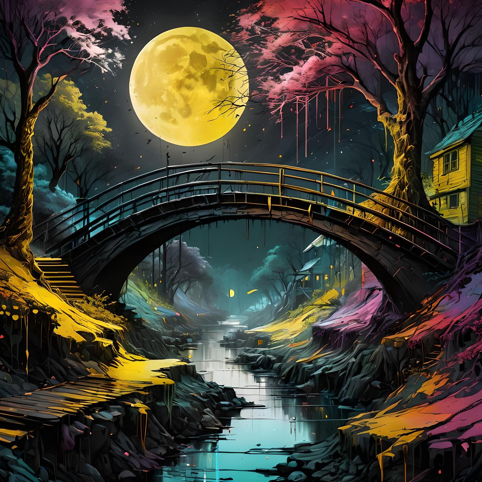 Rainbow Bridge in Abstract Village: 3D Metallic Art