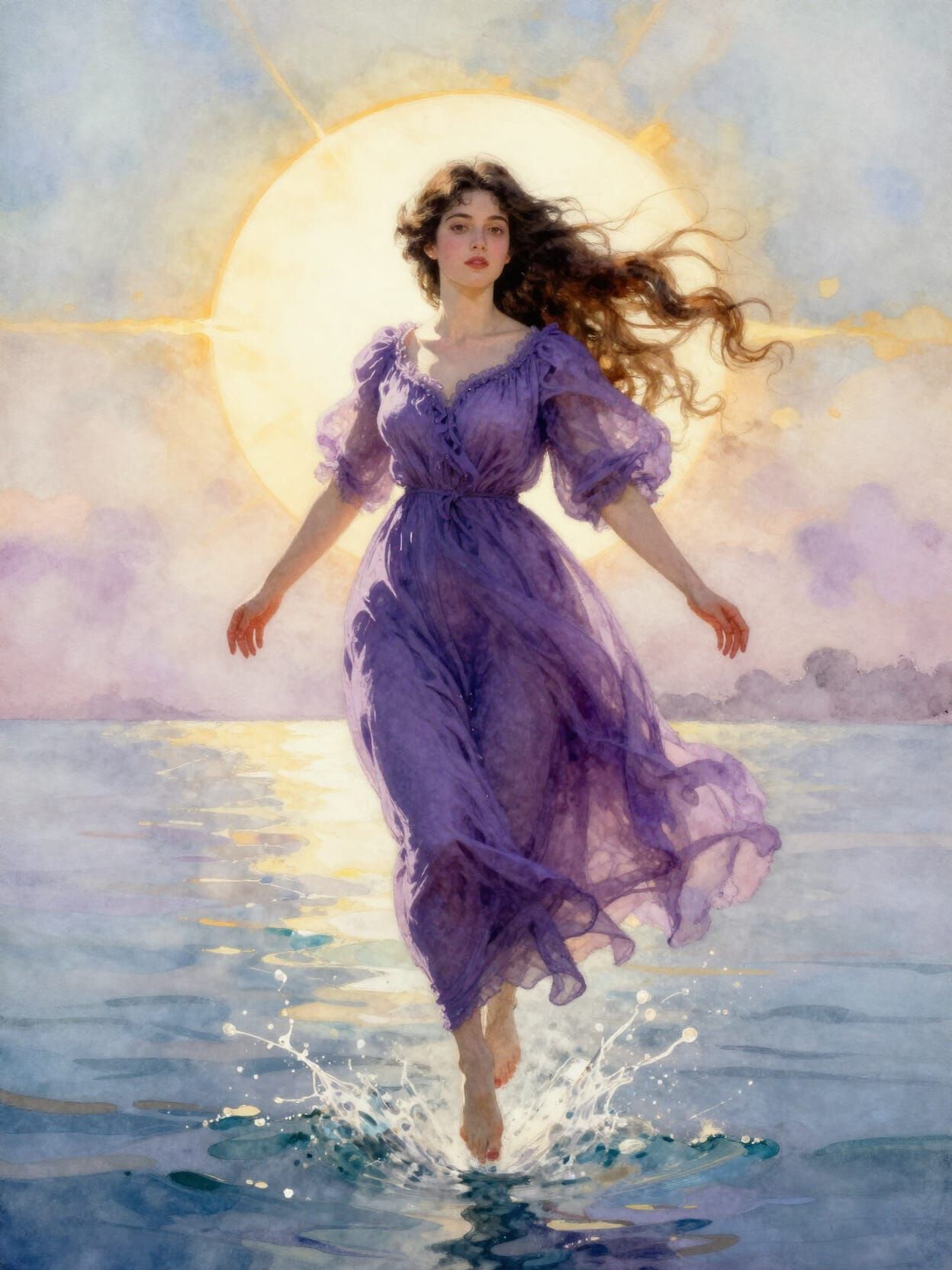 Hovering Woman in Purple Dress, Watercolor Oil Painting