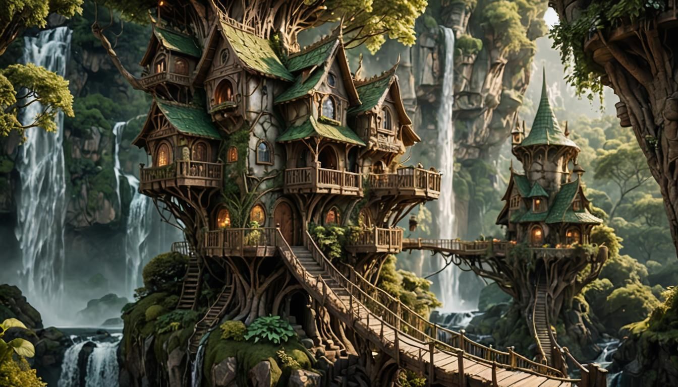 Elven Treehouse Architecture with Waterfall in Fantasy Style