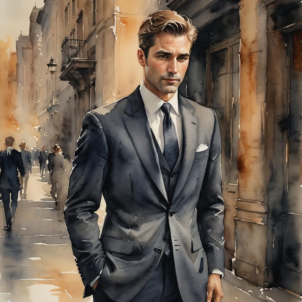 Charismatic Man in Suit: Romantic Watercolor Portrait