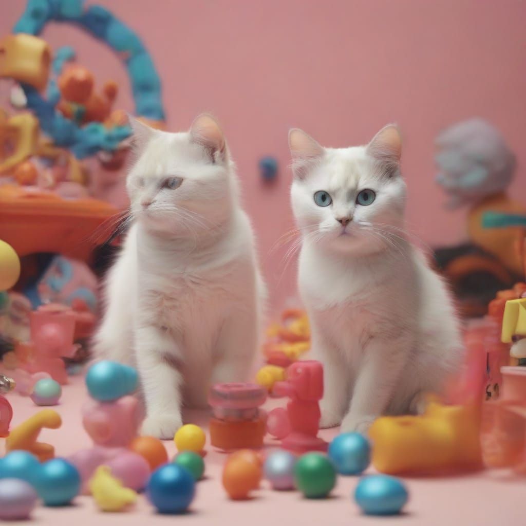 Playful Cats Surrounded by Toys in Surrealist Style