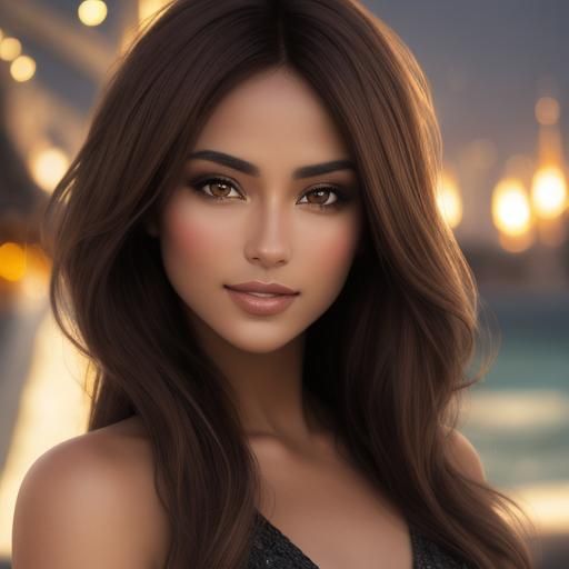 Sensual Brunette in Opulent Bikini, Hyperrealistic Image