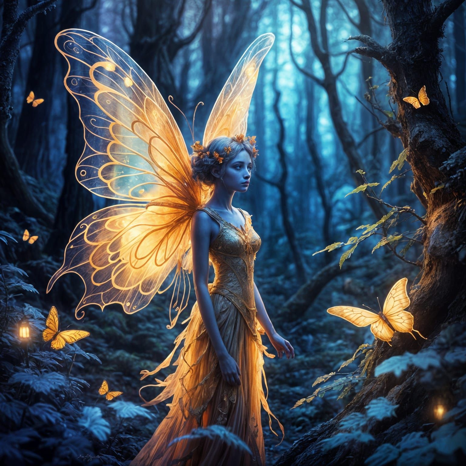 Fairy with Butterfly Wings in Enchanted Forest
