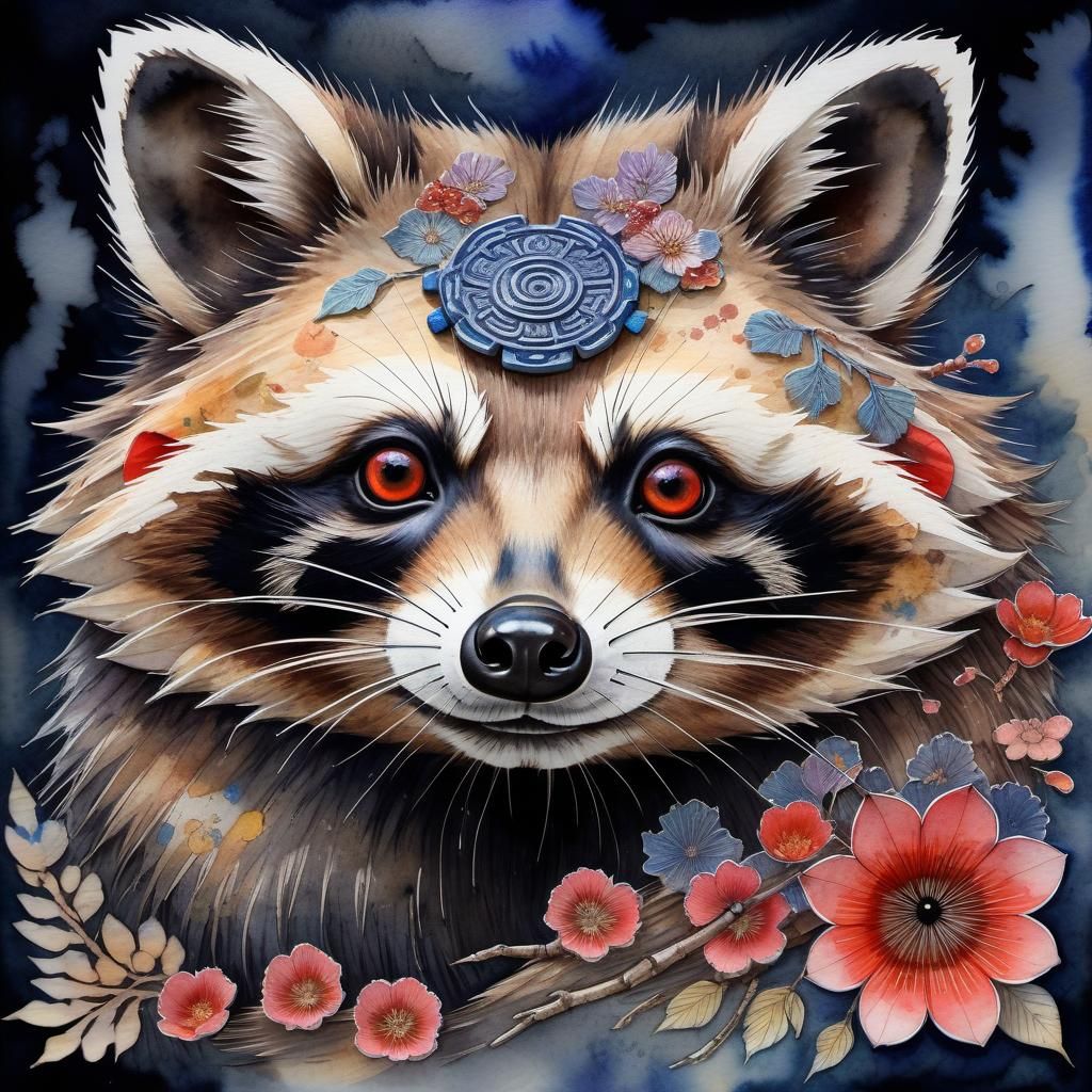 Tanuki in Mixed Media Japanese Art
