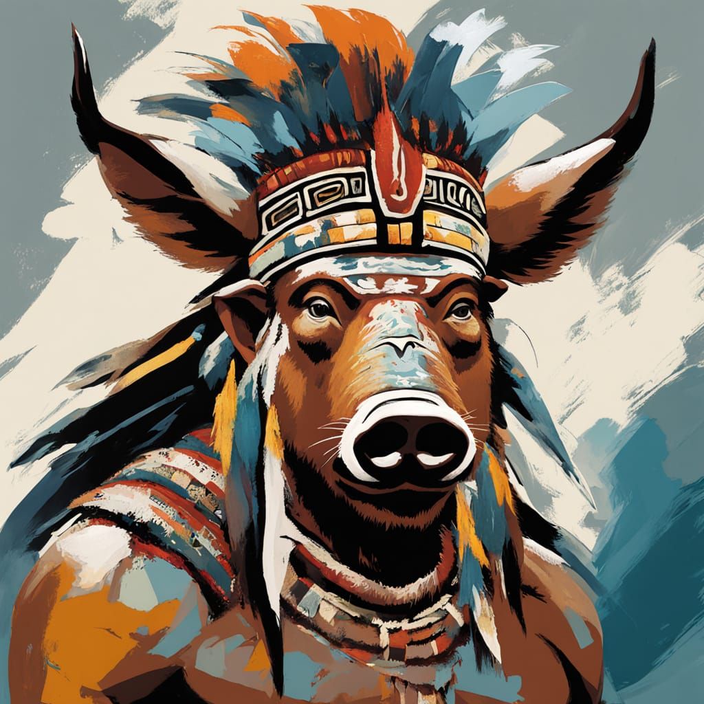 Proud Wild Boar Warrior in Impasto Acrylic Style