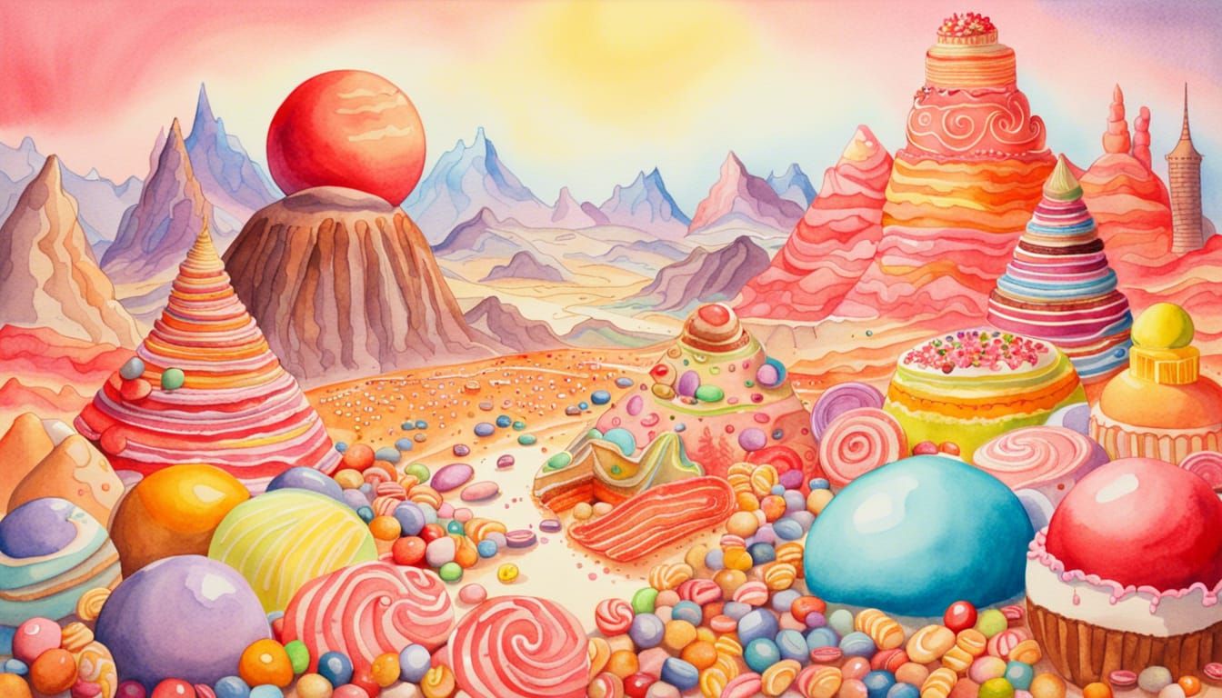 Whimsical Candy Planet in Watercolor Style