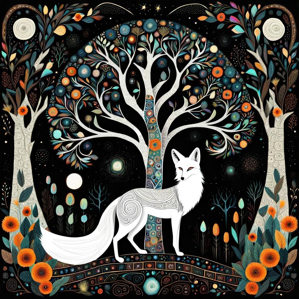 Graceful White Fox Folk Art Graphic Drawing