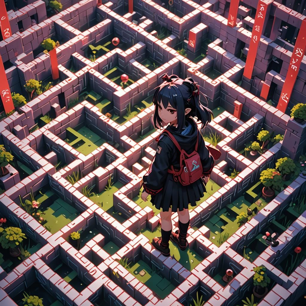 Girl in Pixel-Art Maze Inspired by WLOP and Genshin