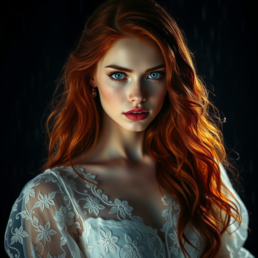 Enigmatic Redhead in Ethereal Lace, Dark Background