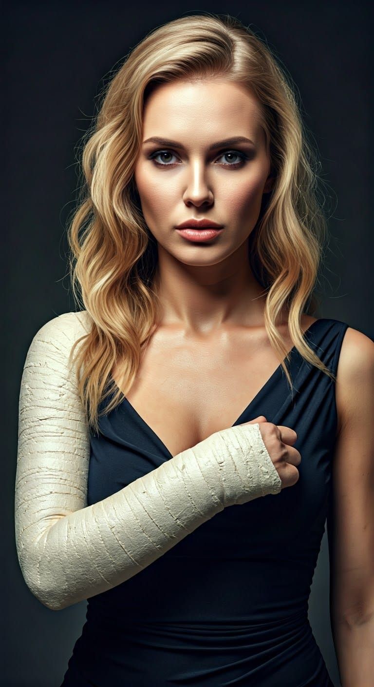 Beautiful Blonde Woman in Plaster Cast