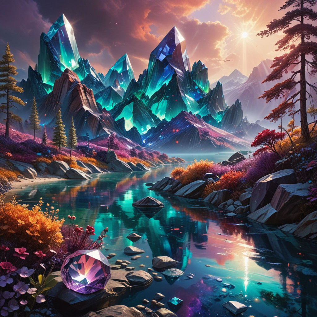 Surreal Crystal Realm Landscape in Vibrant Oil Painting Styl...