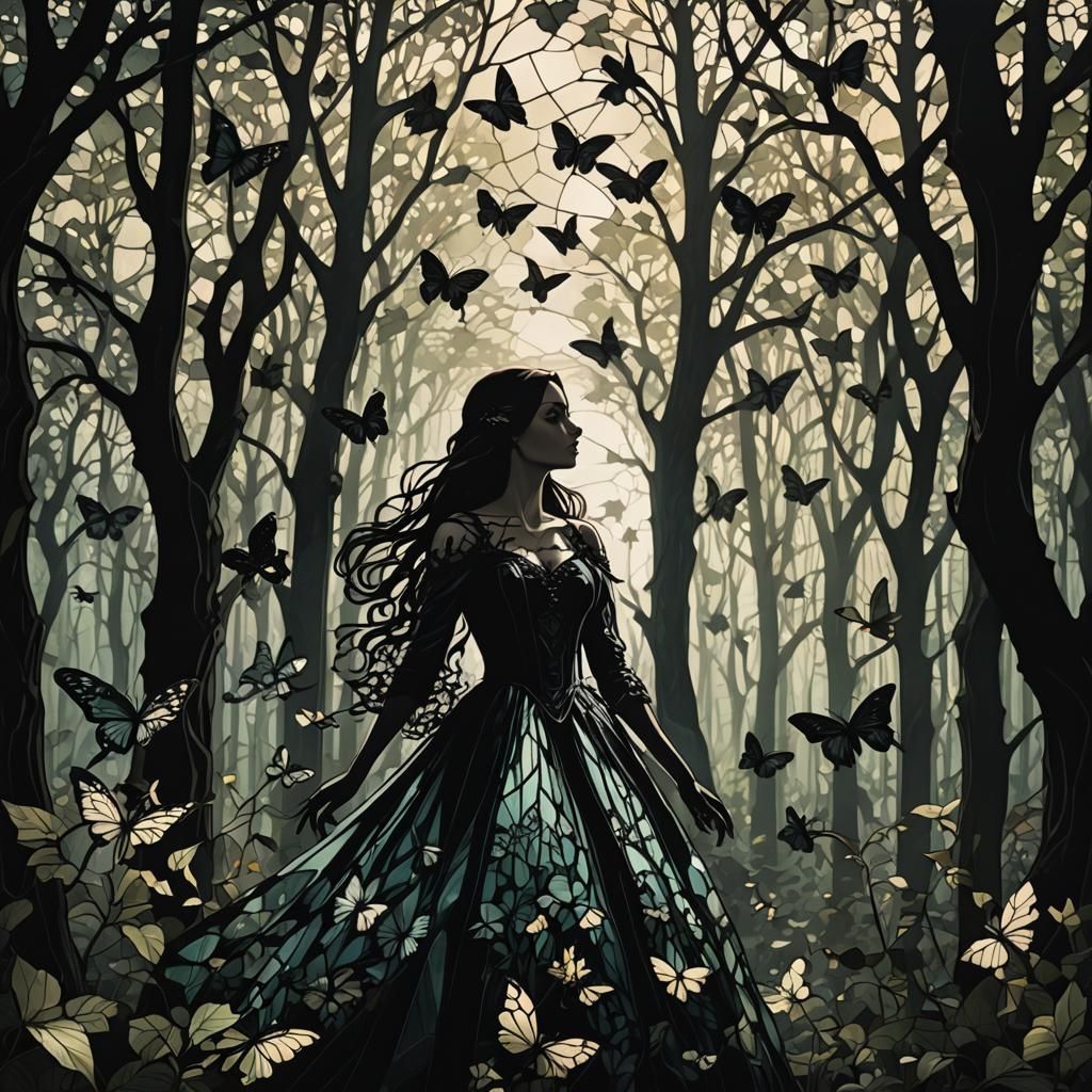 Gothic Stained Glass Woman in Black Lace Silhouette