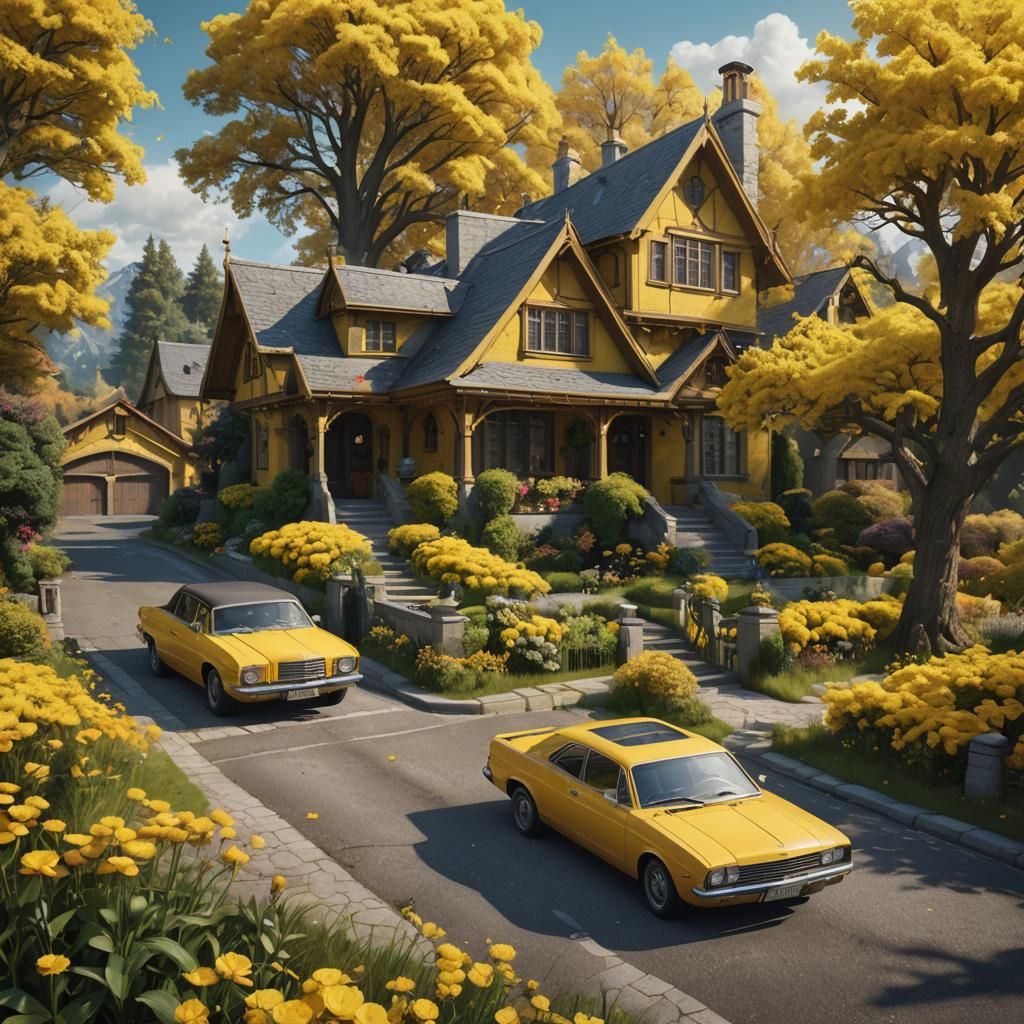 Yellow House with Car and Flowers, Detailed Matte Painting
