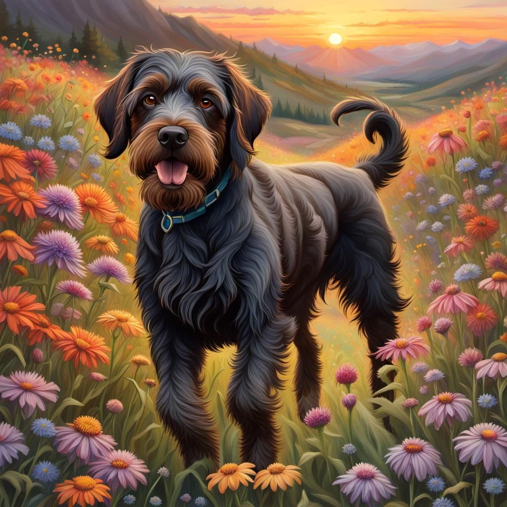 Wirehaired Griffon Runs Through Wildflowers at Sunset