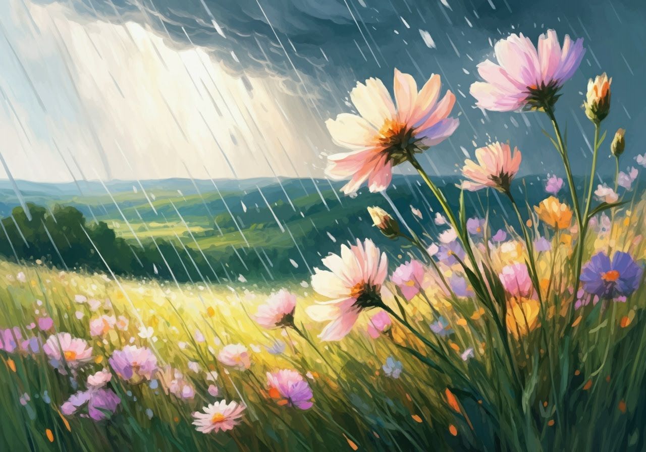 Dreamy Wildflowers Swaying in Rainy Post-Impressionist Lands...