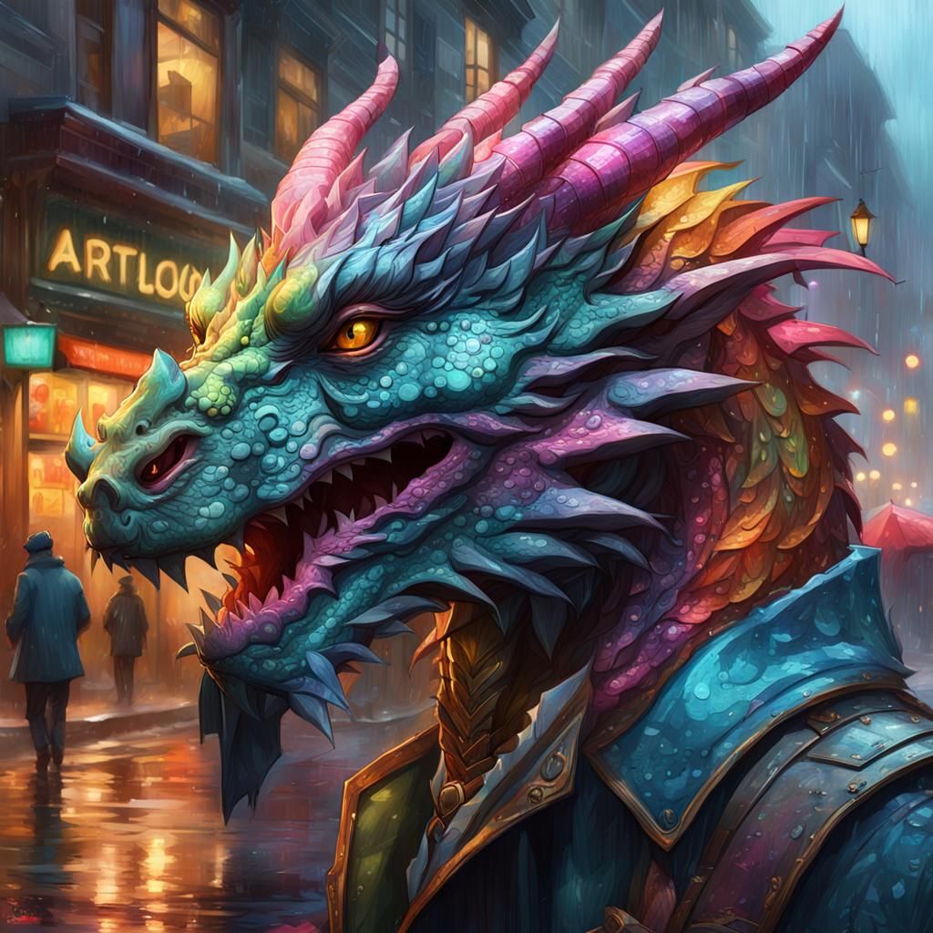 Colorful Dragon Roaming Rainy Town Street