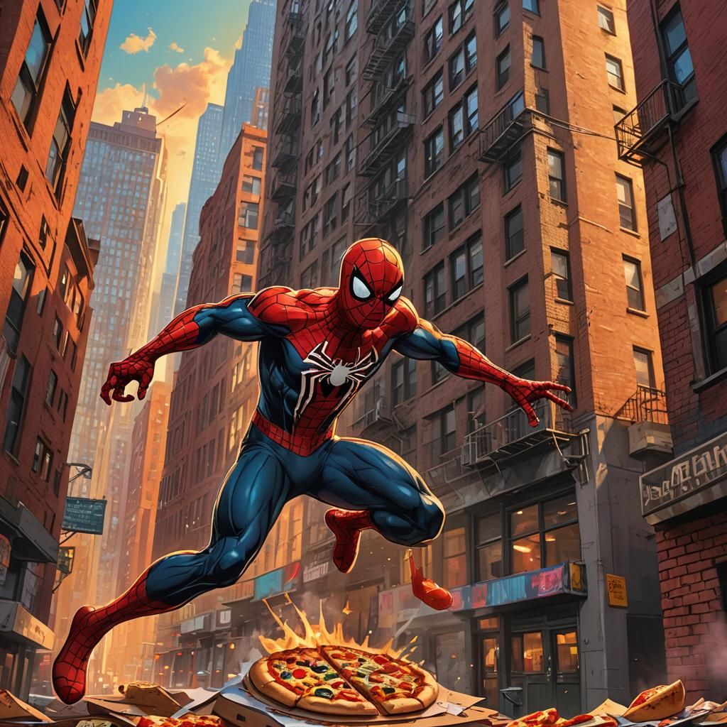 Spiderman Eating Pizza in New York: Comic Book Art