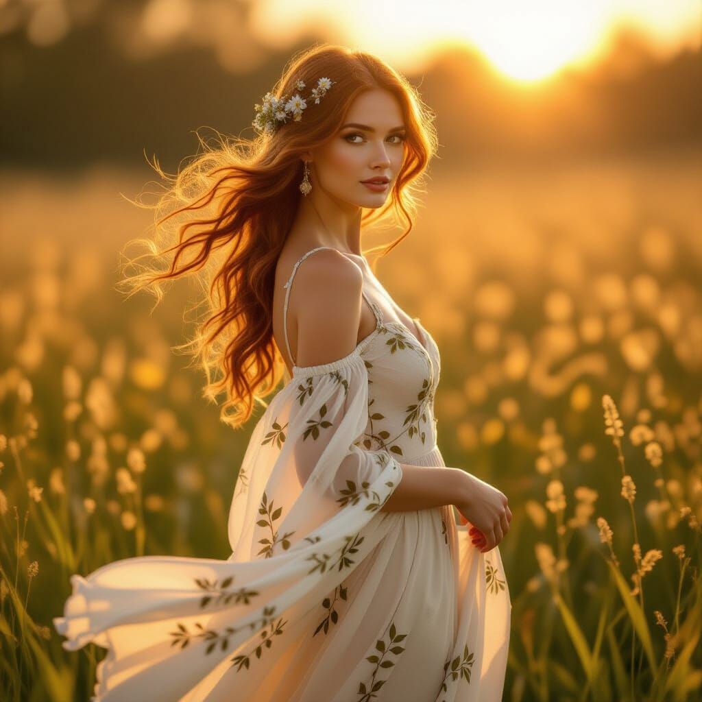 Elegant Woman in Meadow: Lyrical Realism and Symbolism