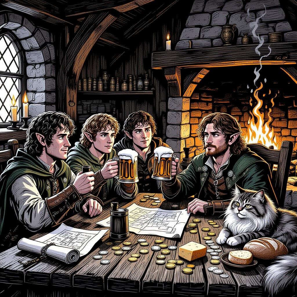 Medieval Inn Gathering: Hobbits & Aragorn in Woodcut Style