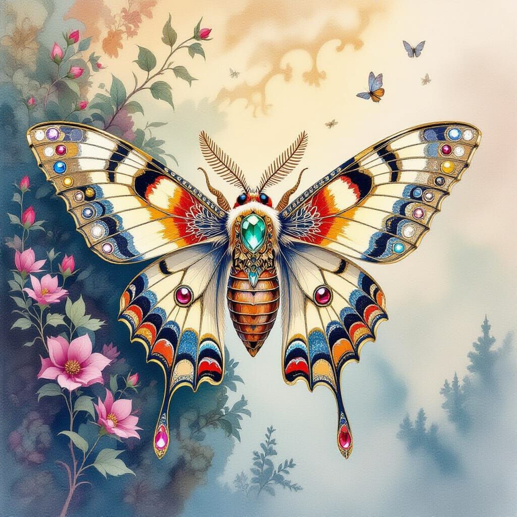 Jewel-Encrusted Moth: Surreal Watercolor in Druillet Style